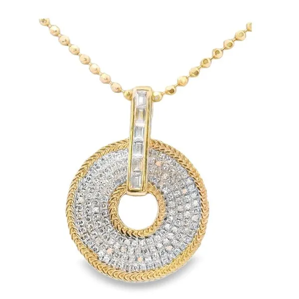 14 Karat Yellow Gold Diamond Baguette Pave Circle Pendant