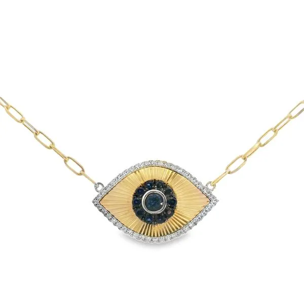 14Kt Yellow Gold Diamond Sapphire Evil Eye Necklace JMR Jewelers Cooper City, FL
