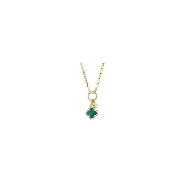 14Kt Yellow Diamond and Malachite Clover Paperclip Necklace