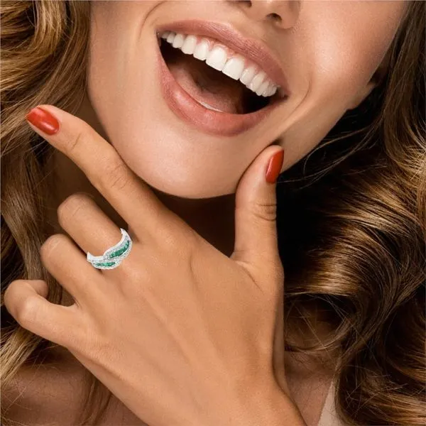14K White Gold Emerald and Diamond Fashion Ring