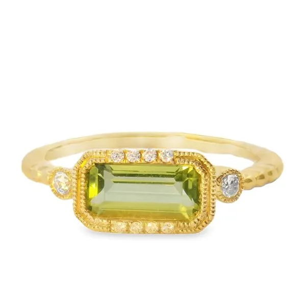14 Karat Yellow Gold Emerald Cut Peridot and Diamond Ring