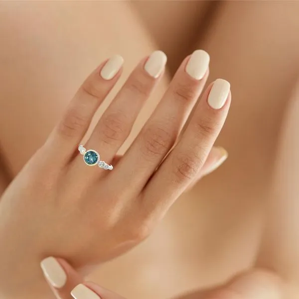 14K White Gold Blue Topaz and Diamond Bezel Ring