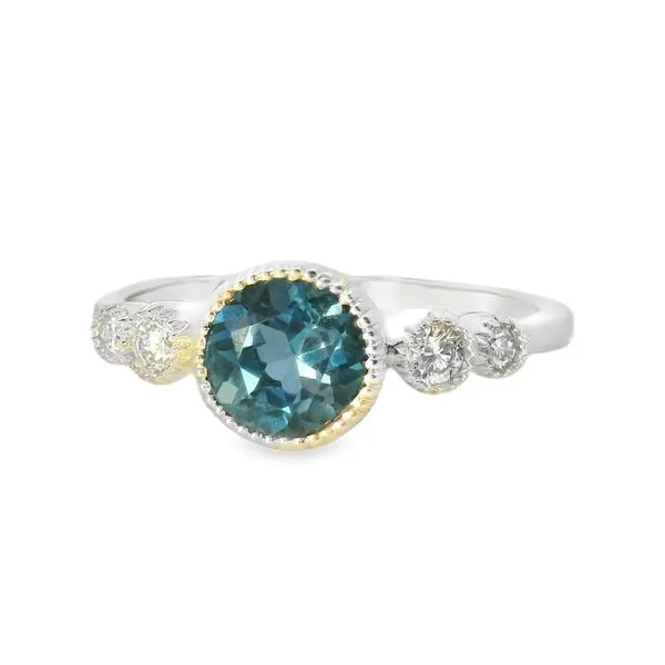 14K White Gold Blue Topaz and Diamond Bezel Ring