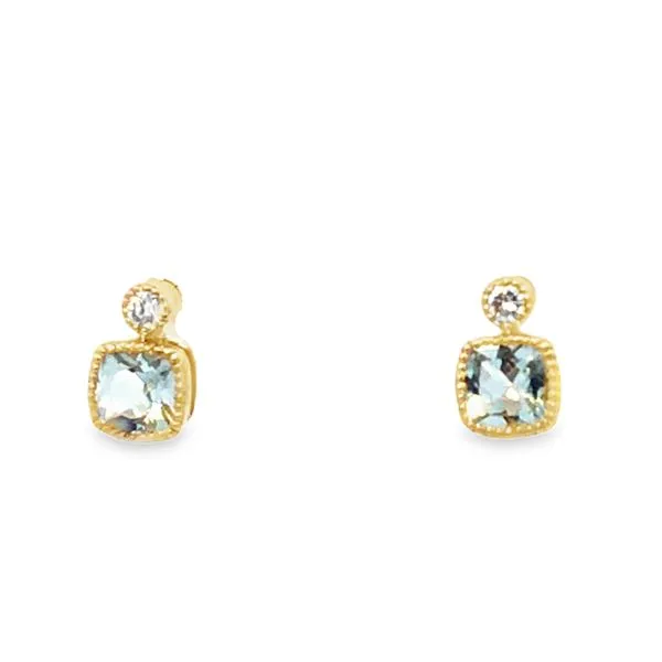 14Kt Yellow Cushion Aqua Diamond Stud Earrings