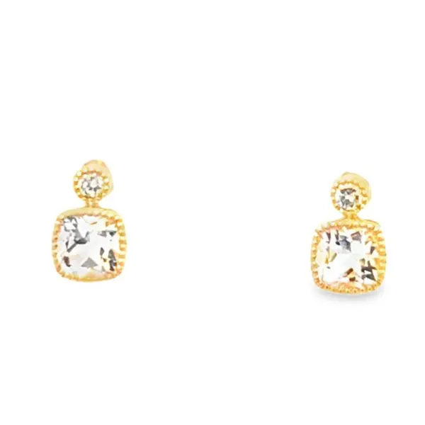 14Kt Yellow Cushion White Topaz Diamond Stud Earrings