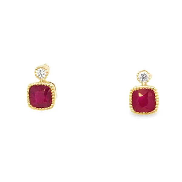 14Kt Yellow Cushion Ruby Diamond Stud Earrings