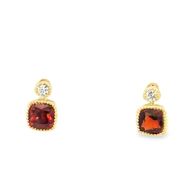 14Kt Yellow Cushion Garnet Diamond Stud Earrings