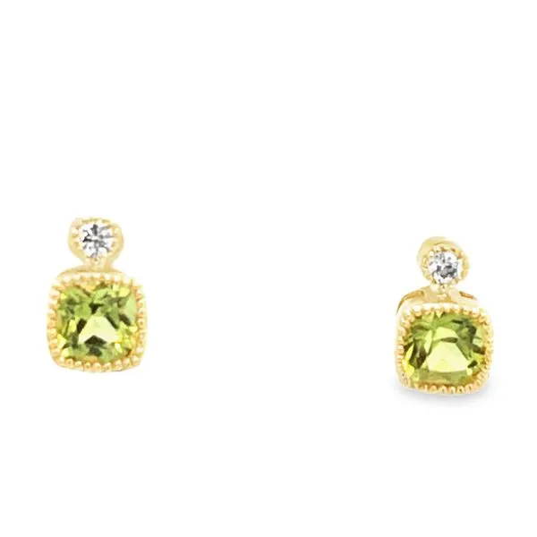 14Kt Yellow Cushion Peridot Diamond Stud Earrings