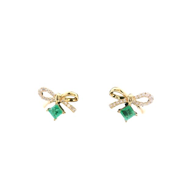 14 Karat Yellow Gold Emerald and Diamond Bow Earrings JMR Jewelers Cooper City, FL