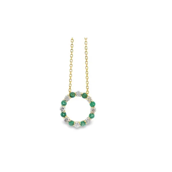 14 Karat Yellow Gold Diamond and Emerald Circle Pendant