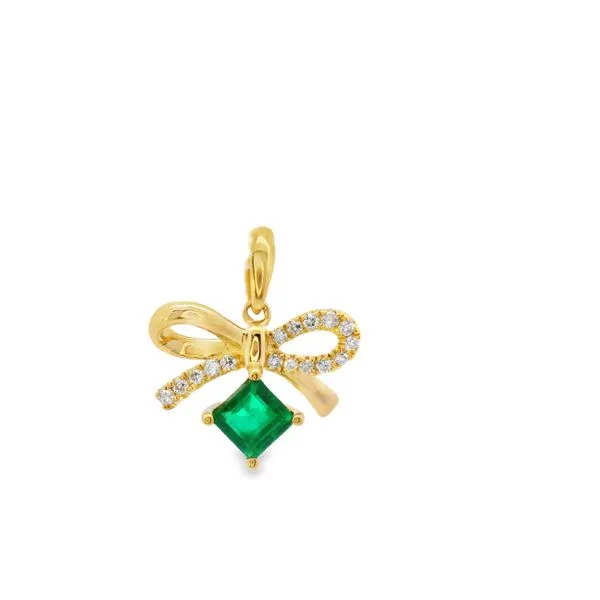 14 Karat Yellow Gold Emerald and Diamond Bow Pendant JMR Jewelers Cooper City, FL