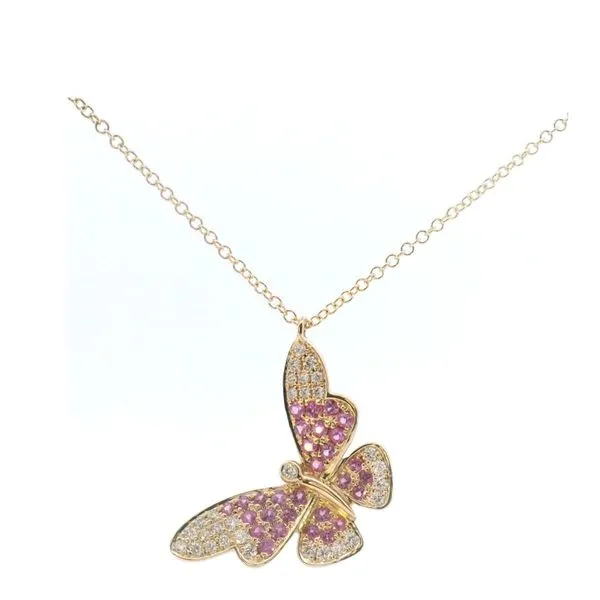 14K Yellow Gold Diamond and Pink Sapphire Butterfly Necklace