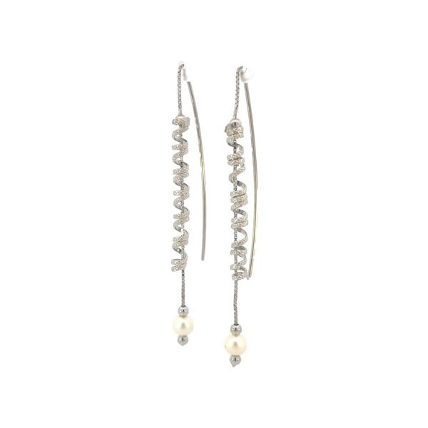14K White Gold Pearl Drop Threader Earrings Image 2 JMR Jewelers Cooper City, FL