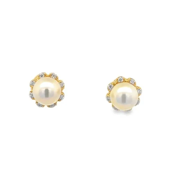 14K Yellow Gold Fresh Water Pearl & Diamond Halo Earrings