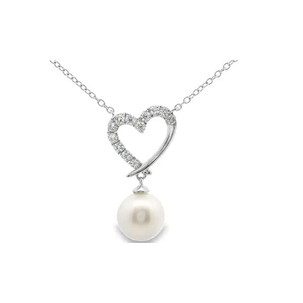 14K White Diamond Open Heart Pearl Drop Strand Necklace JMR Jewelers Cooper City, FL