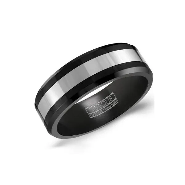 Black Ceramic Wedding Band with Tungsten Inlay