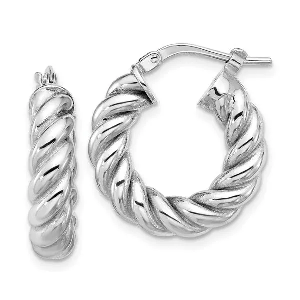 14Kt White Polished & Twisted Round Hoop Earrings JMR Jewelers Cooper City, FL
