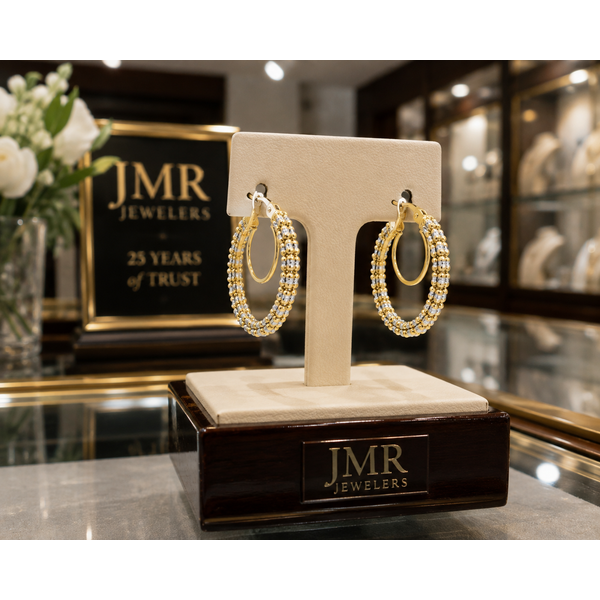 14 Karat Two-Tone Diamond-Cut Iced Round Hoop Earrings Image 2 JMR Jewelers Cooper City, FL