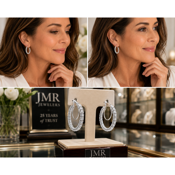 14 Karat White Gold Iced Round Hoop Earrings Image 2 JMR Jewelers Cooper City, FL