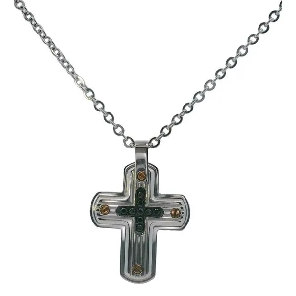 Stainless Steel Cross Pendant with Black Spinel