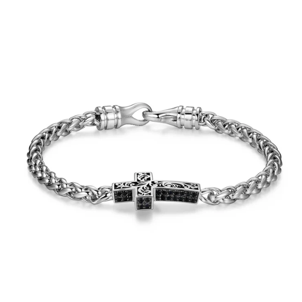 Stainless Steel Black Spinel Cross Bracelet Image 2 JMR Jewelers Cooper City, FL