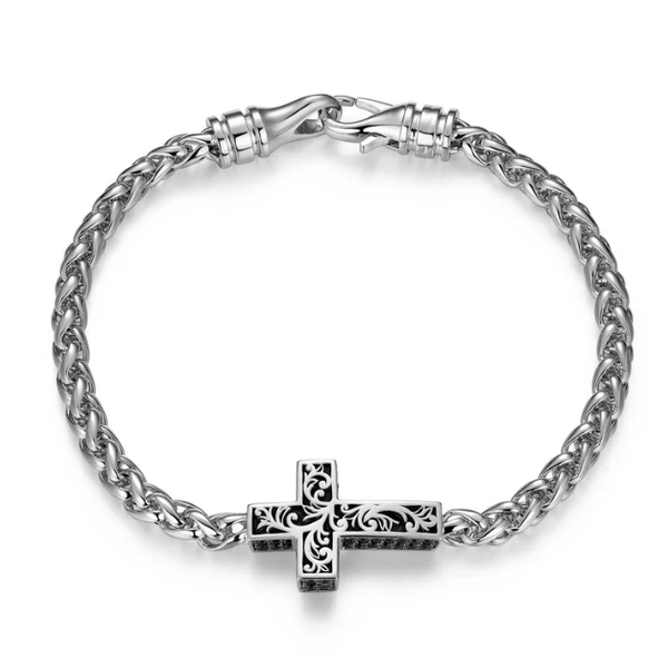 Stainless Steel Black Spinel Cross Bracelet JMR Jewelers Cooper City, FL