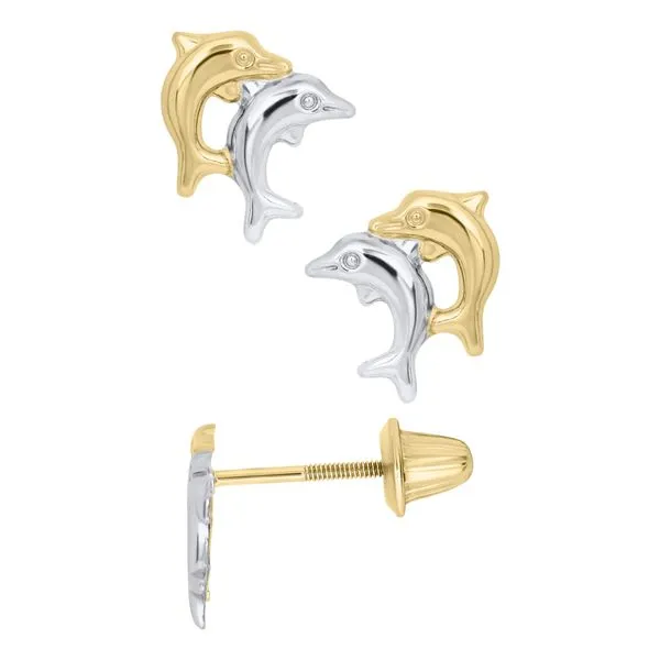 14K Yellow and White Gold Childrens Dolphins Stud Earring JMR Jewelers Cooper City, FL