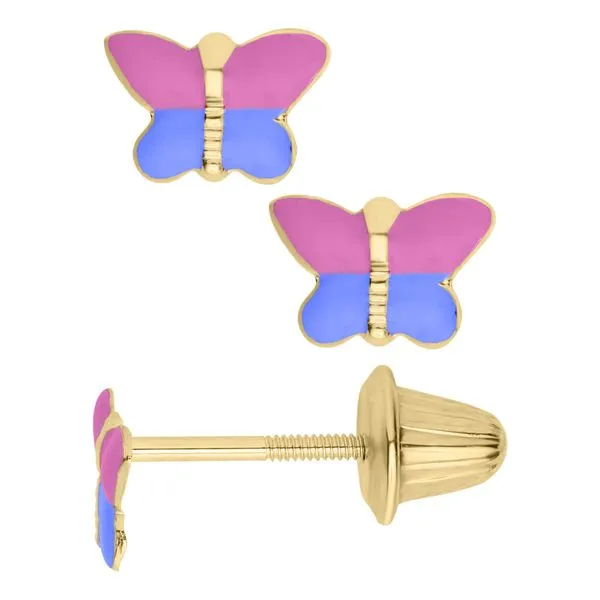 14K Yellow Gold Childrens Butterfly with Pink and Blue Enamel Stud Earrings JMR Jewelers Cooper City, FL