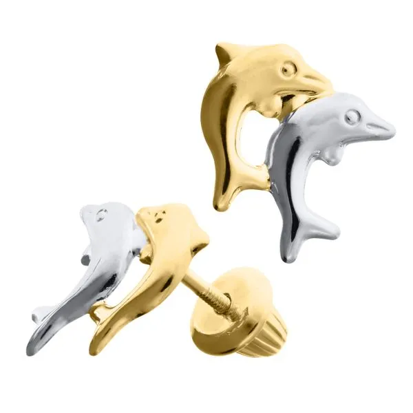 14K Yellow and White Gold Childrens Dolphins Stud Earring
