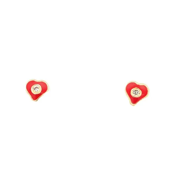 14Kt Yellow Gold Red Enamel Heart Earring Stud with Cubic...