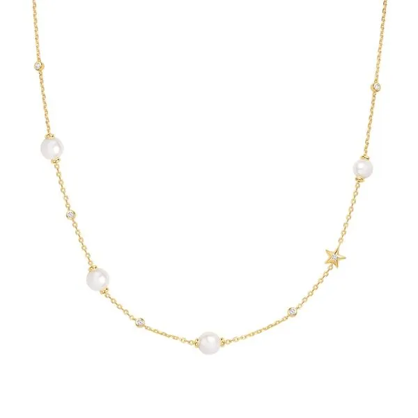 Silver Gold Pearl and Star Station Necklace