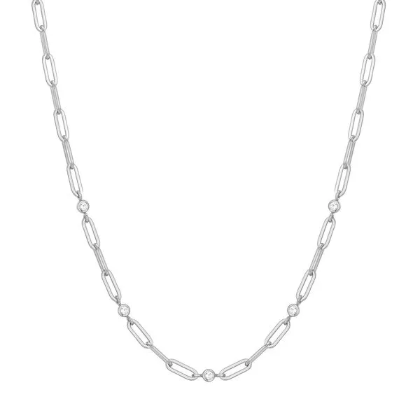 Platinum Silver Bezel Station Paper Clip Chain Necklace