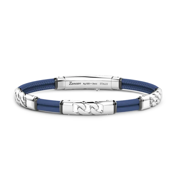 Blue Leather and Silver Steel Bracelet JMR Jewelers Cooper City, FL