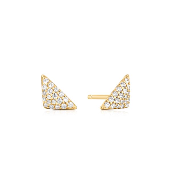Gold plated Triangular Pave Studs Earrings JMR Jewelers Cooper City, FL