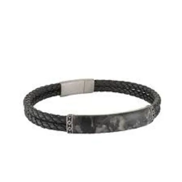 Stainless Steel Special Stone ID Plate Black Leather Brac...