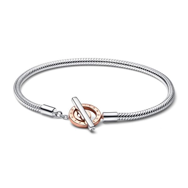 Pandora Two-tone Logo T-Bar Snake Chain Bracelet JMR Jewelers Cooper City, FL