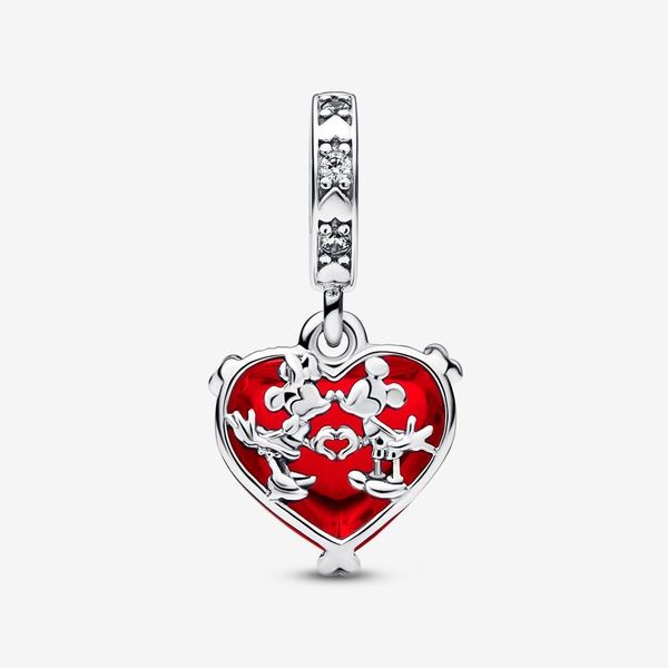 Disney Mickey Minnie Mouse Kiss Red Murano Glass Dangle Ch JMR