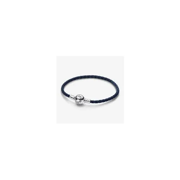 Pandora Moments Round Clasp Blue Braided Leather Bracelet JMR