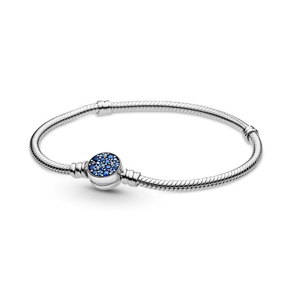 Pandora Pandora Moments Sparkling Blue Disc Clasp Snake Chain Bracelet JMR Jewelers Cooper City, FL