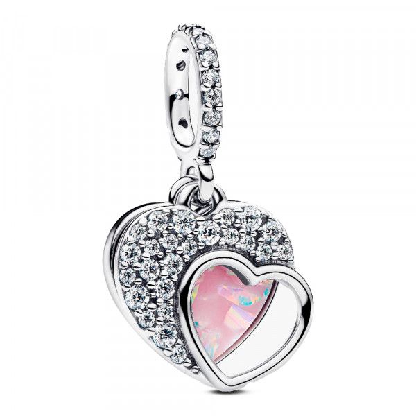 Silver Heart Double Dangle with Clear CZ and Pink Opal JMR Jewelers Cooper City, FL