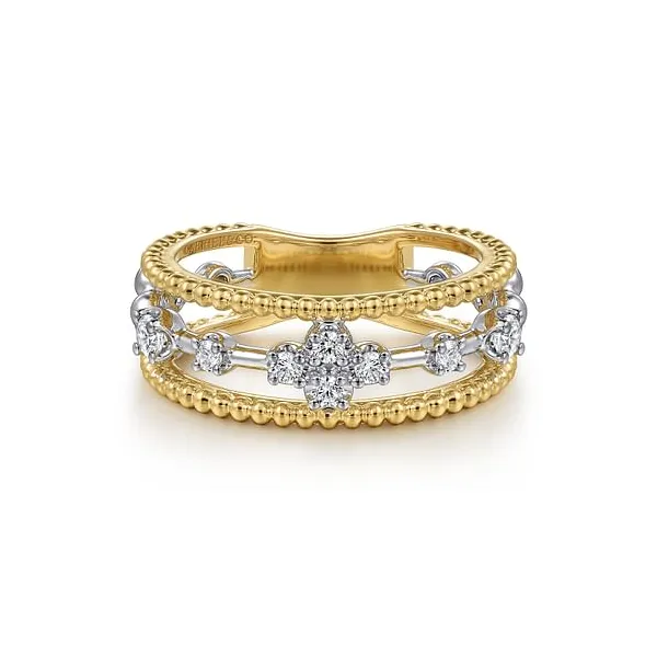 Gabriel 14K Yellow Gold & White Gold Round Diamond Beaded Bujukan 3-Row Ring Jo & Co. Jewelers Hardy, VA