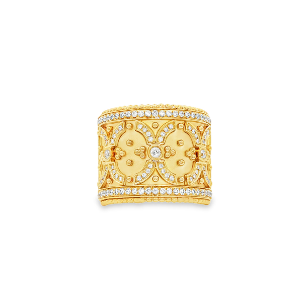 18K Yellow Gold Diamond Wide Beaded Mosaic Ring .44Tw Jo & Co. Jewelers Hardy, VA