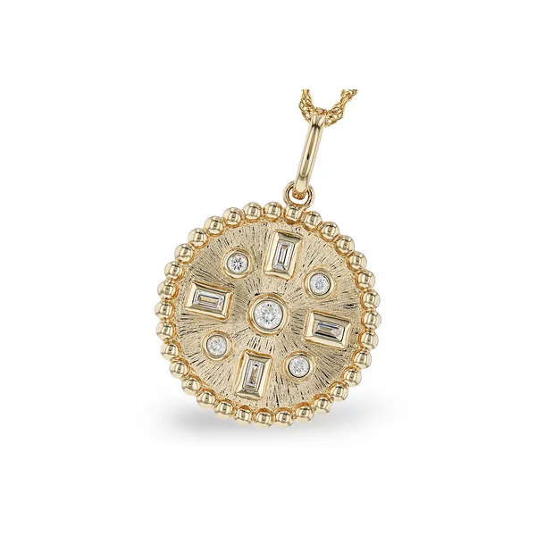 14K Yellow Gold Round and Baguette Diamond Satin Beaded Disc Pendant Jo & Co. Jewelers Hardy, VA