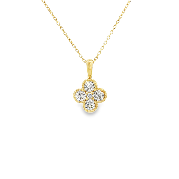 14K Yellow Gold .50ctw Round Diamond Clover Cluster Pendant Necklace (18