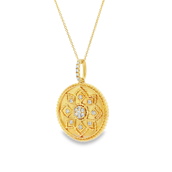 14K Yellow Gold .21 TW Diamond Satin Sunburst Disc Pendant Necklace Image 4 Jo & Co. Jewelers Hardy, VA