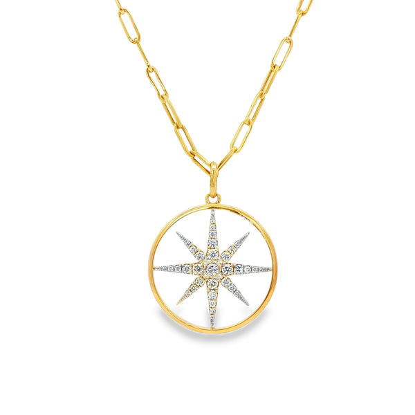 18K Yellow & White Gold Diamond Starburst Circle Pendant Necklace .32Tw Jo & Co. Jewelers Hardy, VA