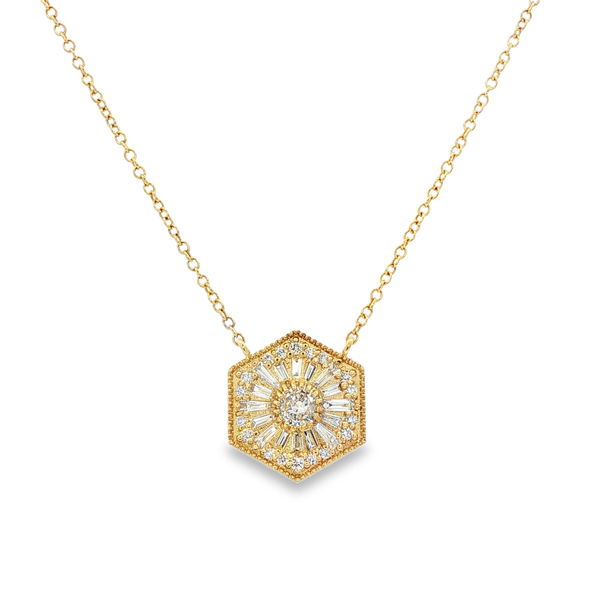 14K Yellow Gold Diamond Hexagon Necklace .57ctw Round & Tapered Baguette Diamonds Jo & Co. Jewelers Hardy, VA