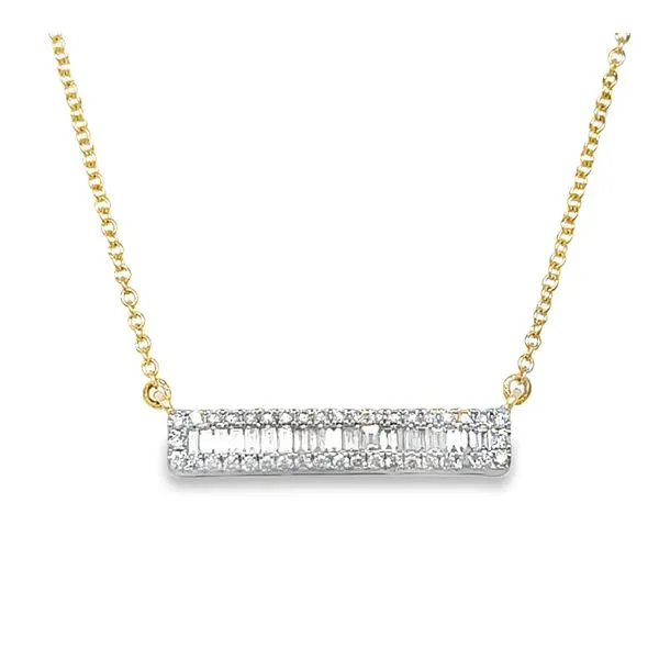 14K Yellow Gold Round & Baguette Diamond Channel & Halo Bar Necklace Jo & Co. Jewelers Hardy, VA