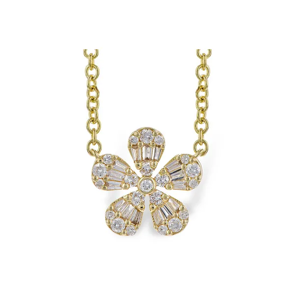 14K Yellow Gold Round & Tapered Baguette Diamond Flower Necklace Jo & Co. Jewelers Hardy, VA