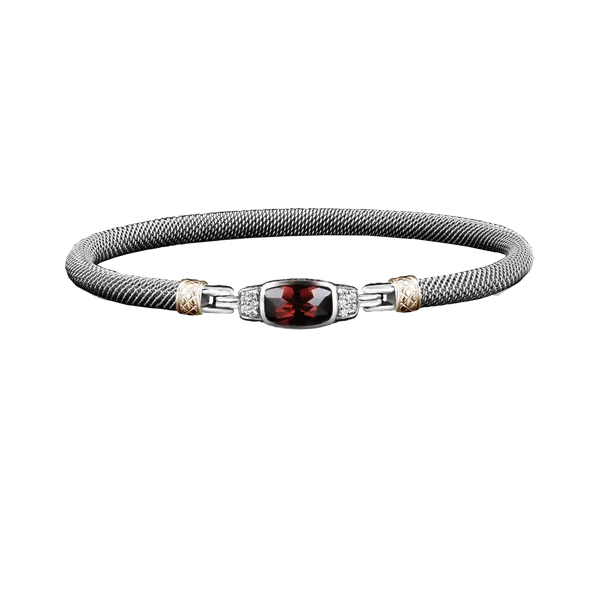 GK Sterling & 14K Yellow Checkerboard Cushion Garnet & Lab- Grown Round Diamond Mesh Bangle Bracelet Jo & Co. Jewelers Hardy, VA